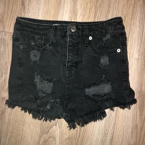 destroyed black high rise denim shorts